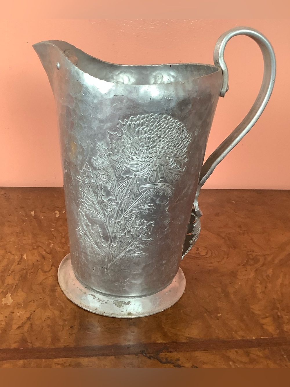 Vintage Continental Hand Wrought Aluminum Pitcher #509 Chrysanthemum 10”